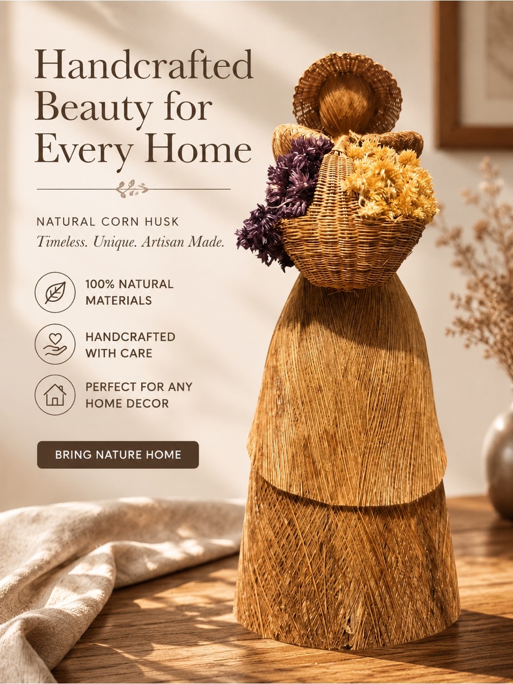 Handcrafted Natural Corn Husk Doll with Basket of Flowers